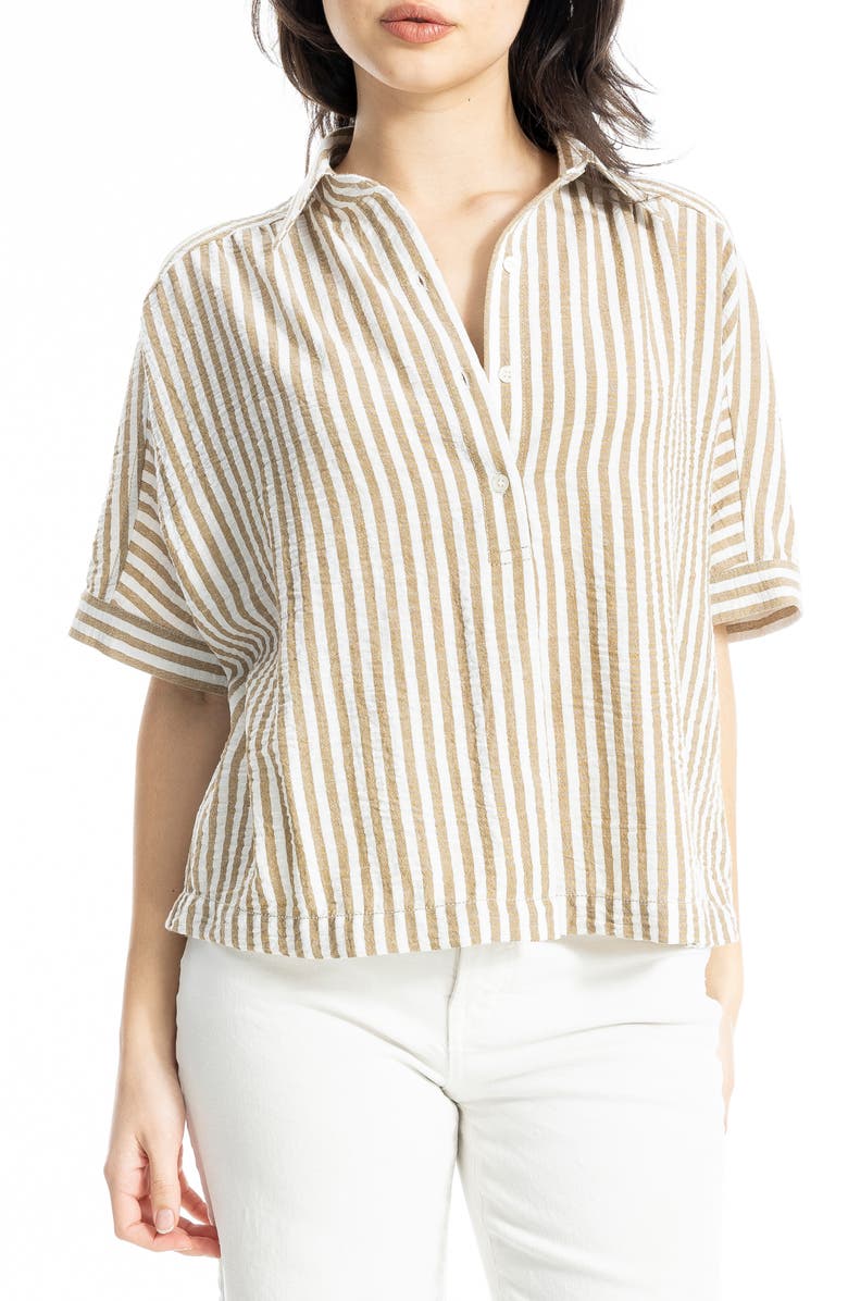 MAX STUDIO Textured Stripe Camp Shirt, Main, color, Beige/ White Stripe
