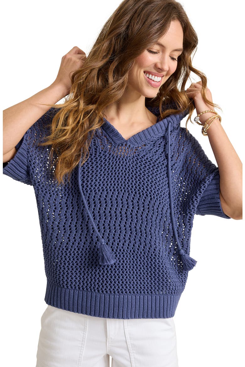 Zoe Open Stitch Cotton Hoodie, Alternate, color, DARK BLUESTONE