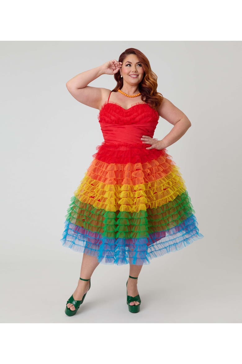 Plus Size Tulle Sweetheart Cupcake Swing Dress, Alternate, color, Red Rainbow Stripe
