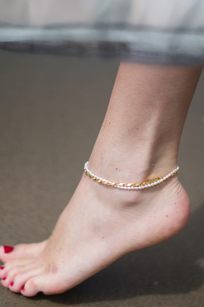 Madison Layered Freshwater Pearl Anklet, Alternate, color, Gold