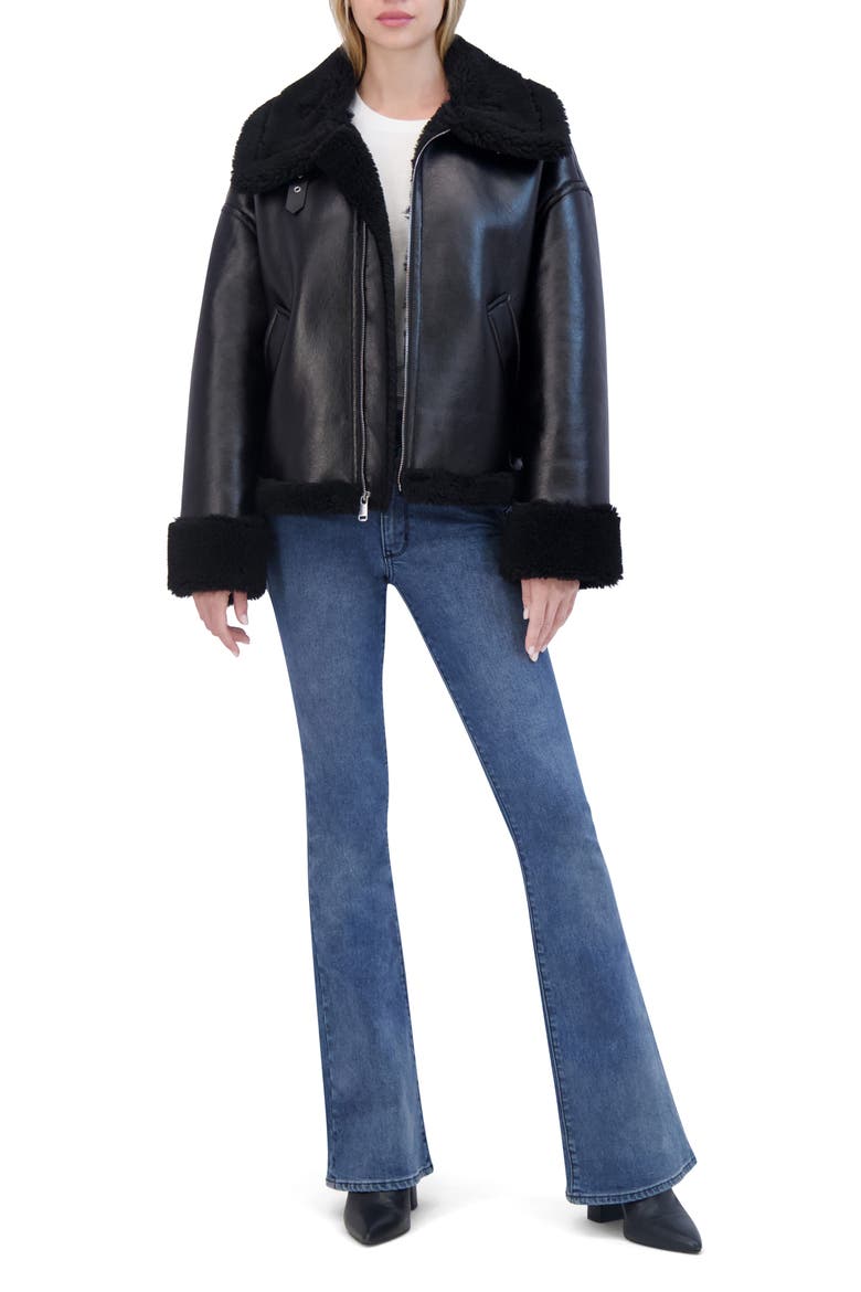 Faux Shearling Trimmed Faux Leather Jacket, Alternate, color, BLACK