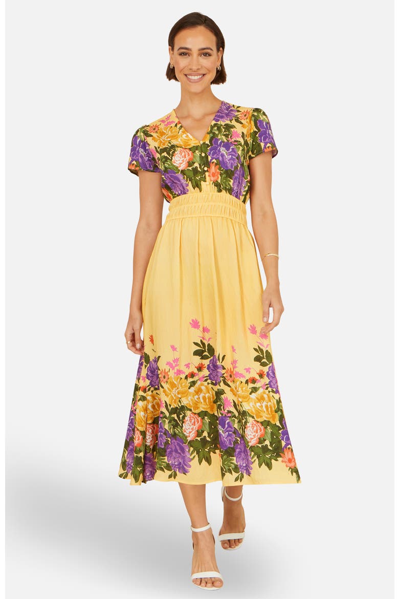 Floral Mirror Print Midi Dress, Alternate, color, Butter Yellow