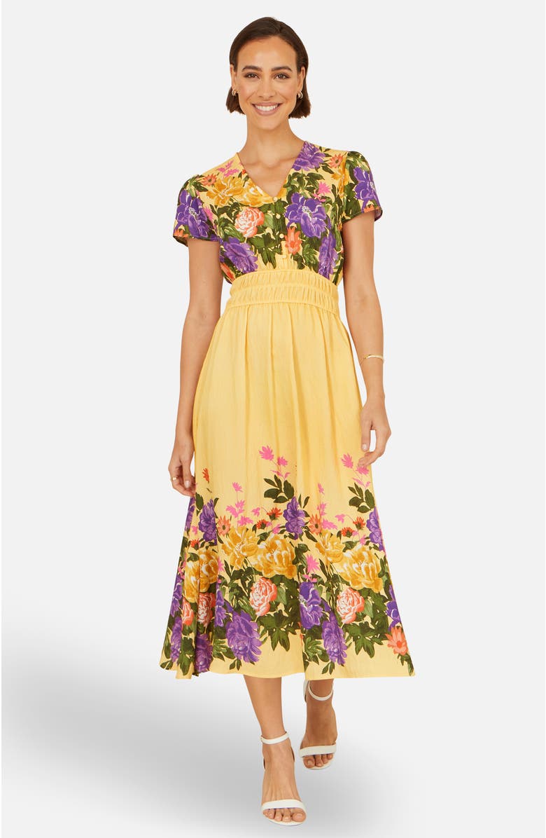 Yumi Floral Mirror Print Viscose Midi Dress, Alternate, color, Butter Yellow