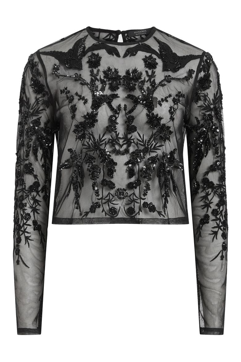 Greta Sequin Embroidery Sheer Top, Alternate, color, BLACK