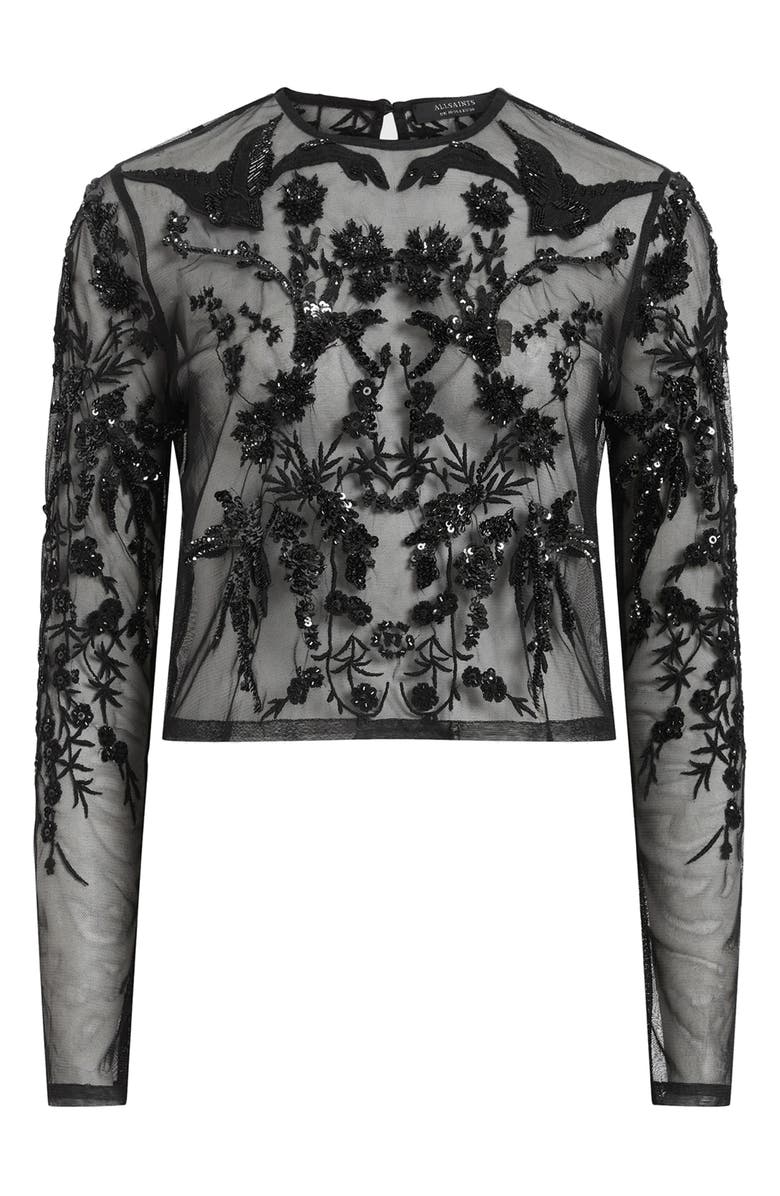AllSaints Greta Sequin Embroidery Sheer Top, Alternate, color, Black