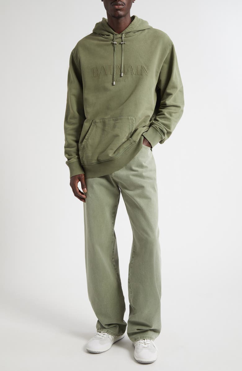 Balmain Oversize Vintage Emblem Cotton Hoodie, Alternate, color, Uia Kaki/ Kaki