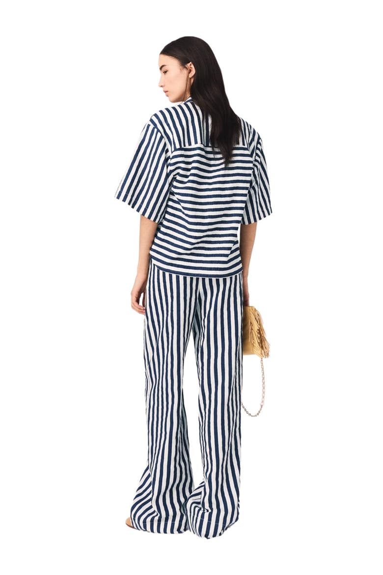 Cropped linen-blend shirt, Alternate, color, White/blue