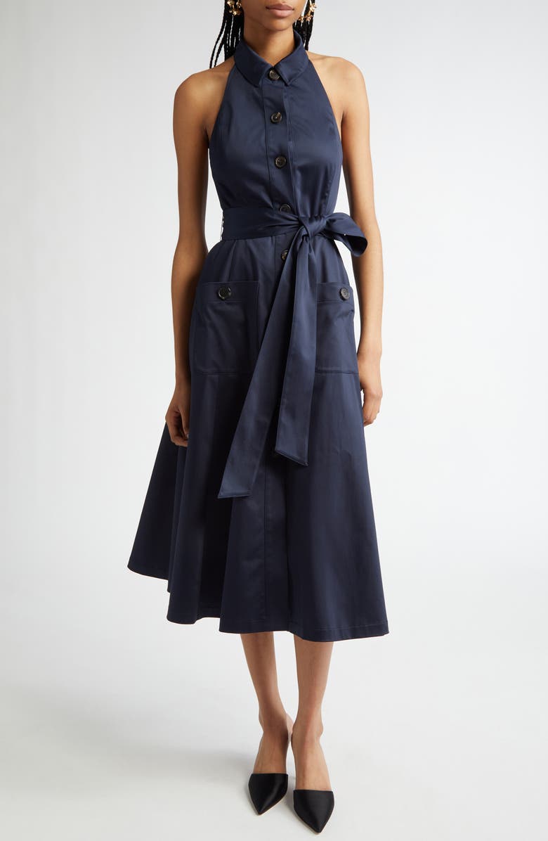 Carolina Herrera Halter Neck Belted Stretch Cotton Sateen Shirtdress, Main, color, Midnight
