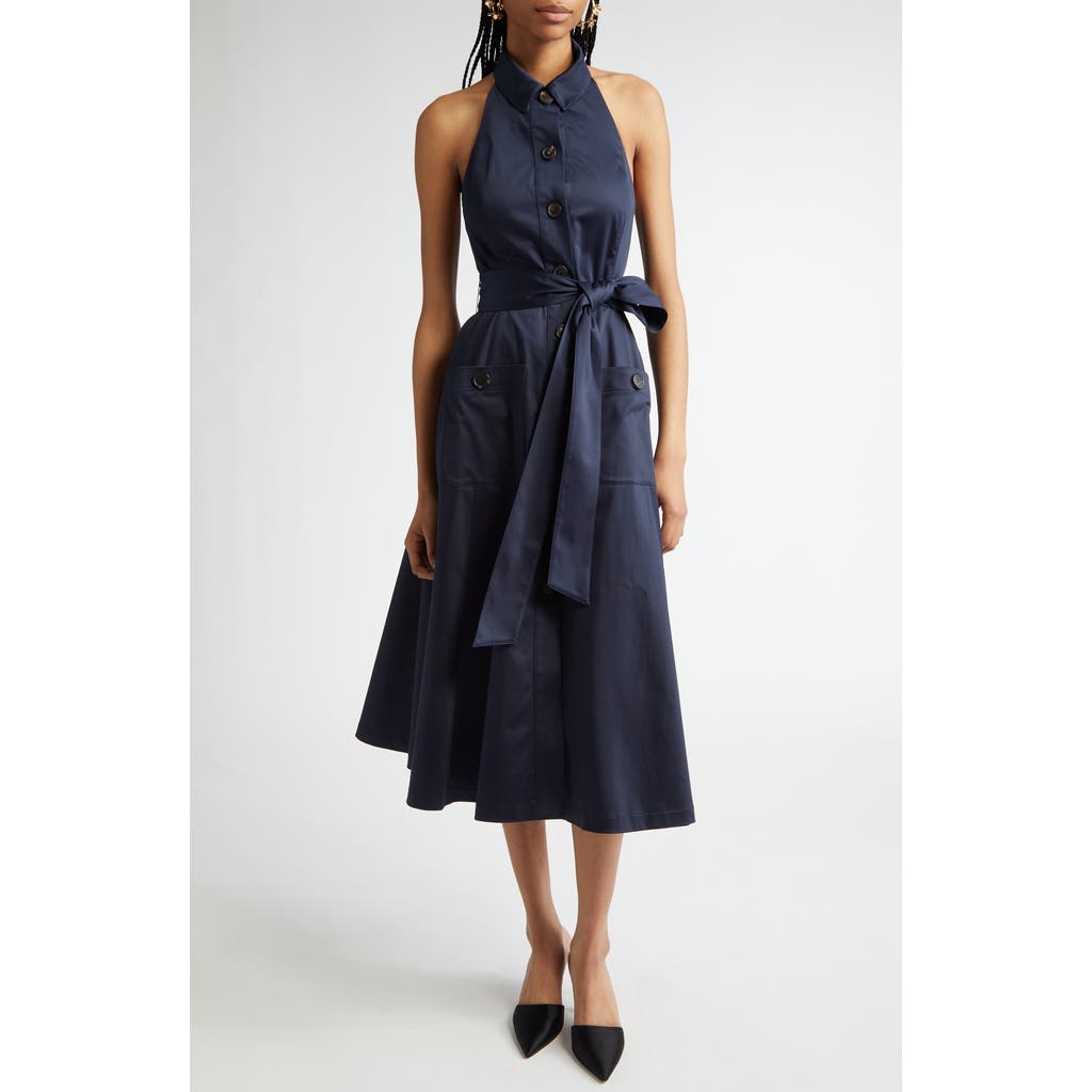 Carolina Herrera Halter Neck Belted Stretch Cotton Sateen Shirtdress In Midnight