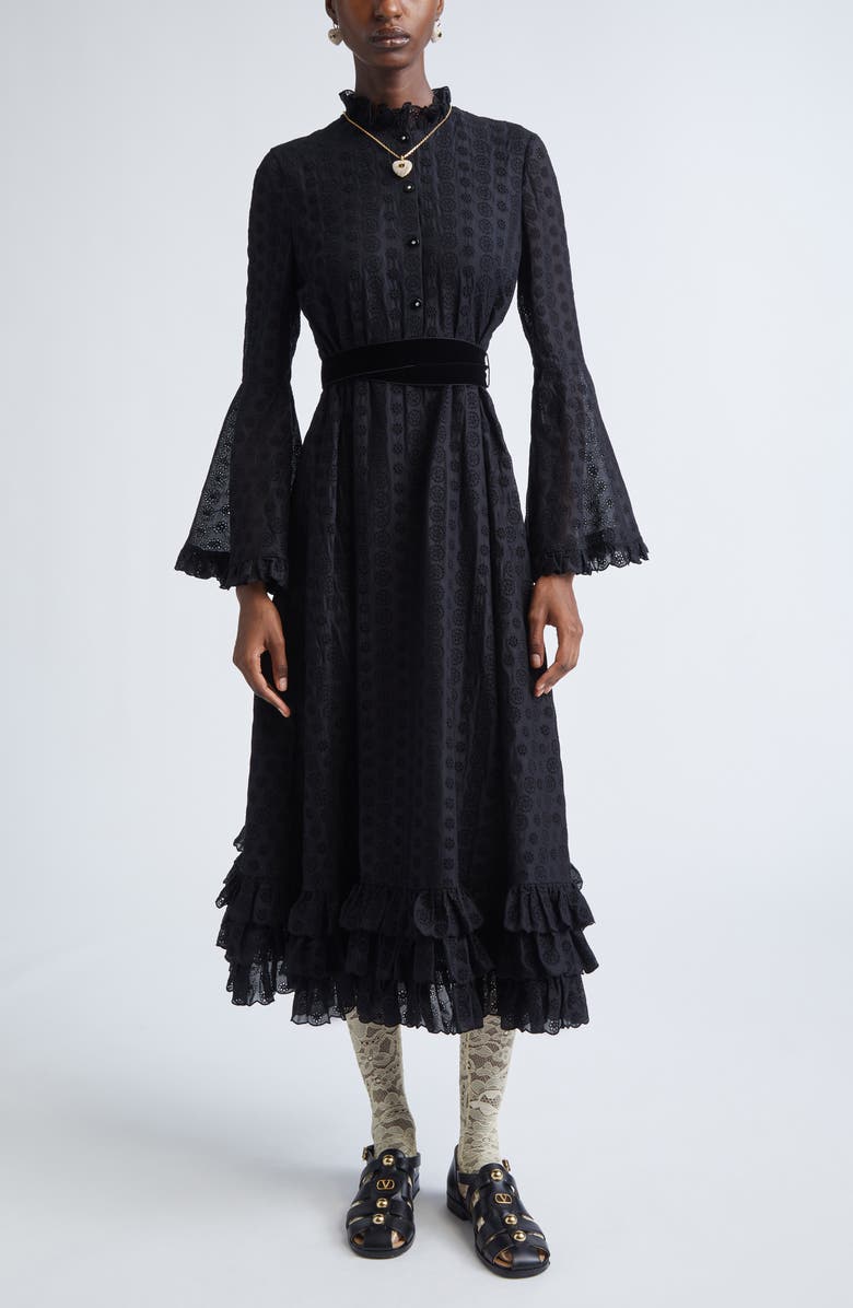 Valentino Garavani Mossi Daisy Long Sleeve Eyelet Dress, Main, color, Black