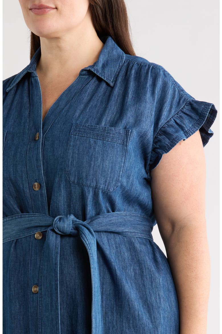 Flutter Sleeve Tie Waist Denim Midi Dress, Alternate, color, DARK WASH