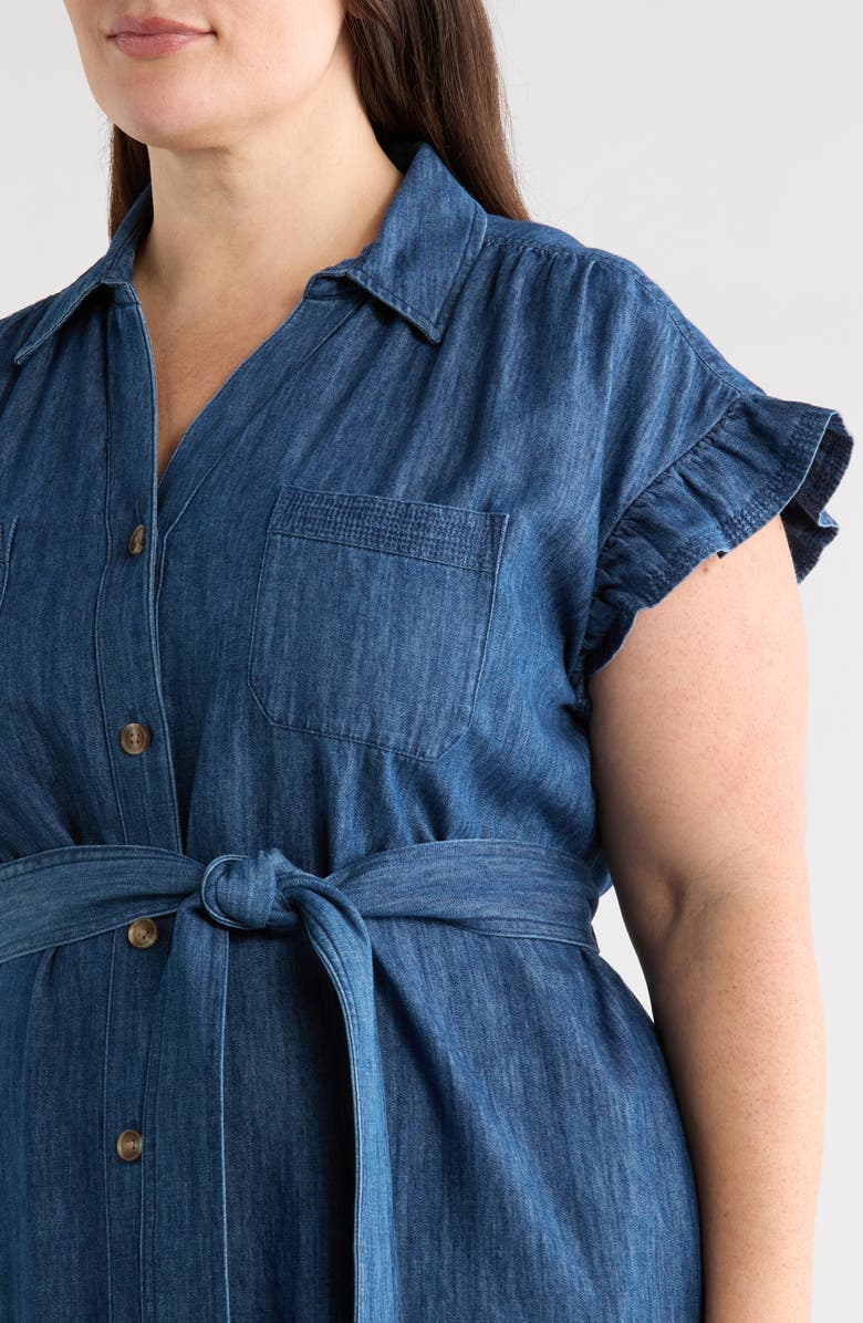 Caslon<sup>®</sup> Flutter Sleeve Tie Waist Denim Midi Dress, Alternate, color, Dark Wash