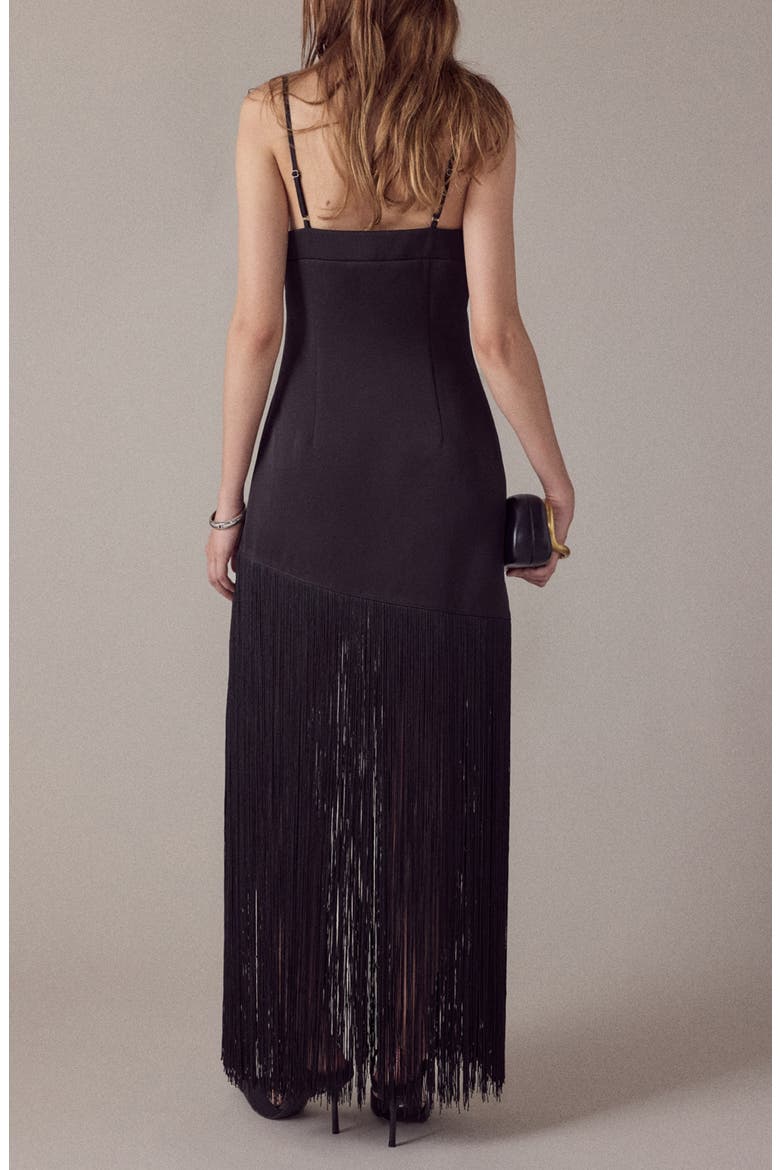 One-Shoulder Fringe Satin Maxi Dress, Alternate, color, BLACK