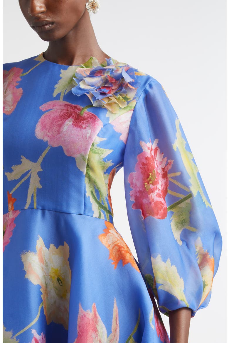 Poppy Print Floral Puff Sleeve Silk Organza Minidress, Alternate, color, BLUEBELL MULTI