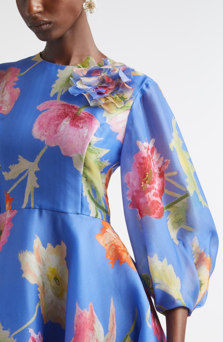 Carolina Herrera Poppy Print Floral Puff Sleeve Silk Organza Minidress, Alternate, color, Bluebell Multi