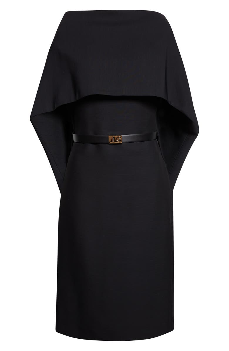 FERRAGAMO Belted Faille Cape Dress, Alternate, color, Nero