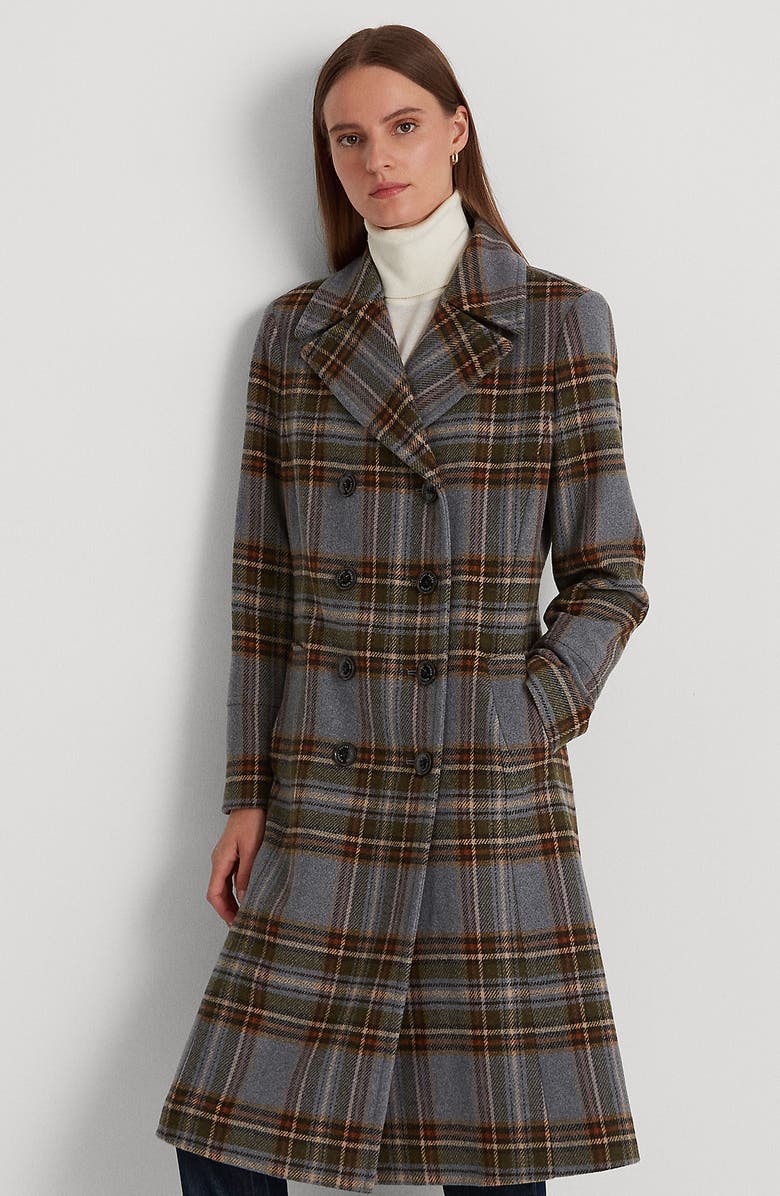 Lauren Ralph Lauren Plaid Double Breasted Wool Blend Long Coat, Alternate, color,