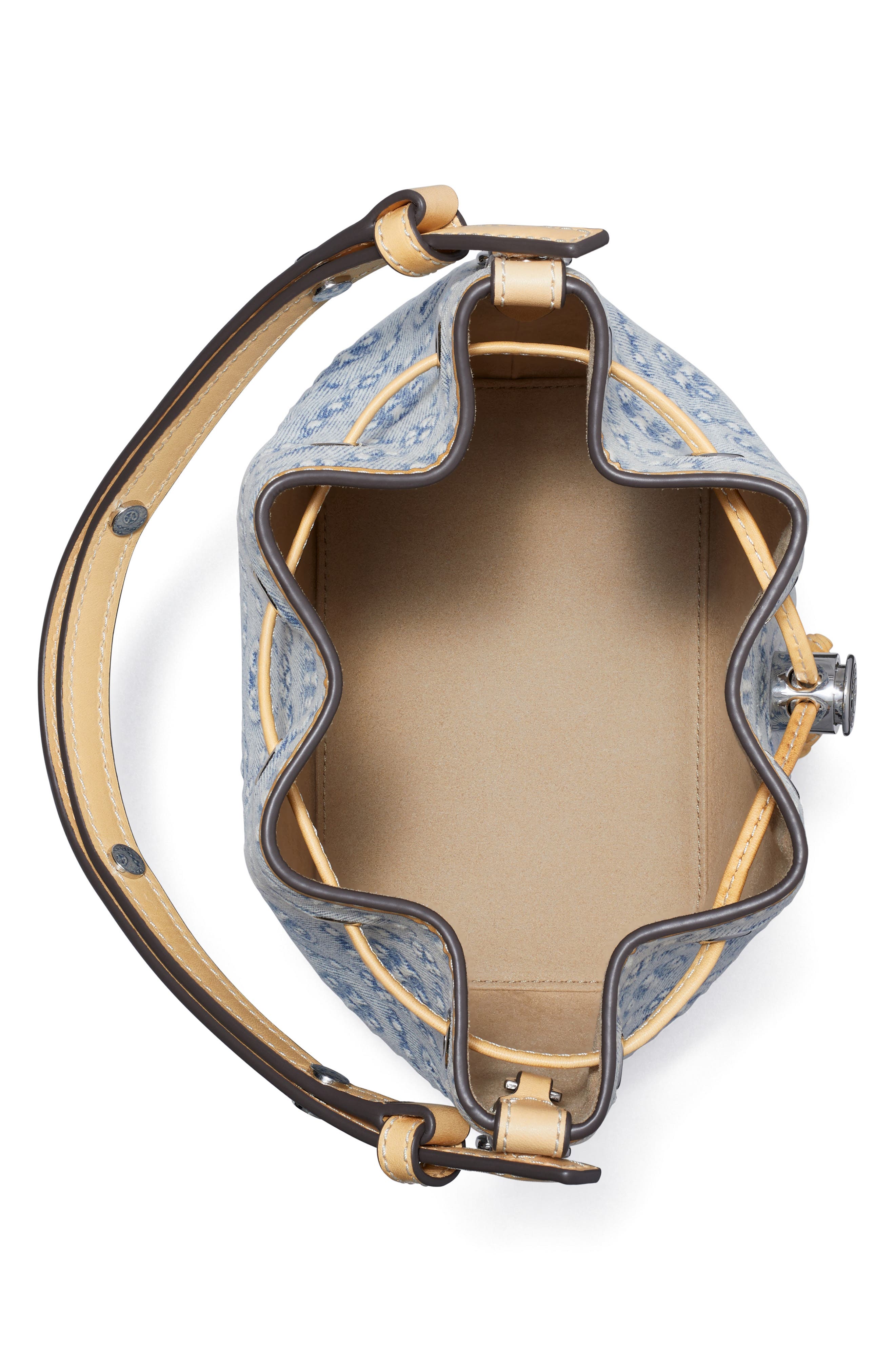 Tory Burch Mini T Monogram Denim Bucket Bag, Alternate, color, Powder Blue