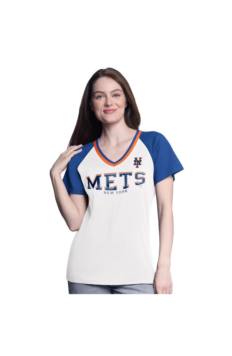 G-III 4HER BY CARL BANKS Women's G-III 4Her by Carl Banks  White/Royal New York Mets Ball Park Raglan V-Neck T-Shirt, Main, color, 