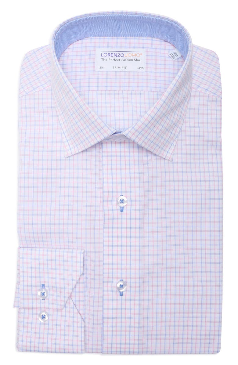 Lorenzo Uomo Trim Fit Small Check Cotton Dress Shirt, Main, color, White/ Pink/ Blue