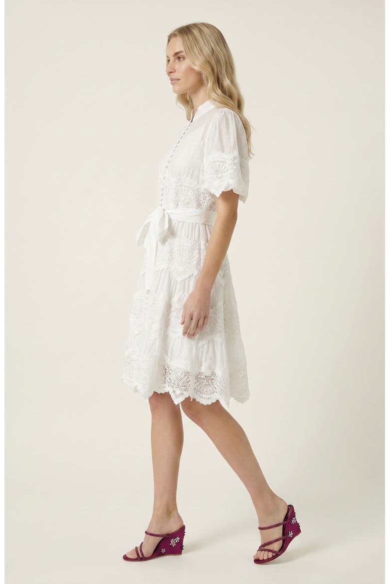 Lace Trim Puff Sleeve Midi Dress with Waist Tie, Alternate, color, White
