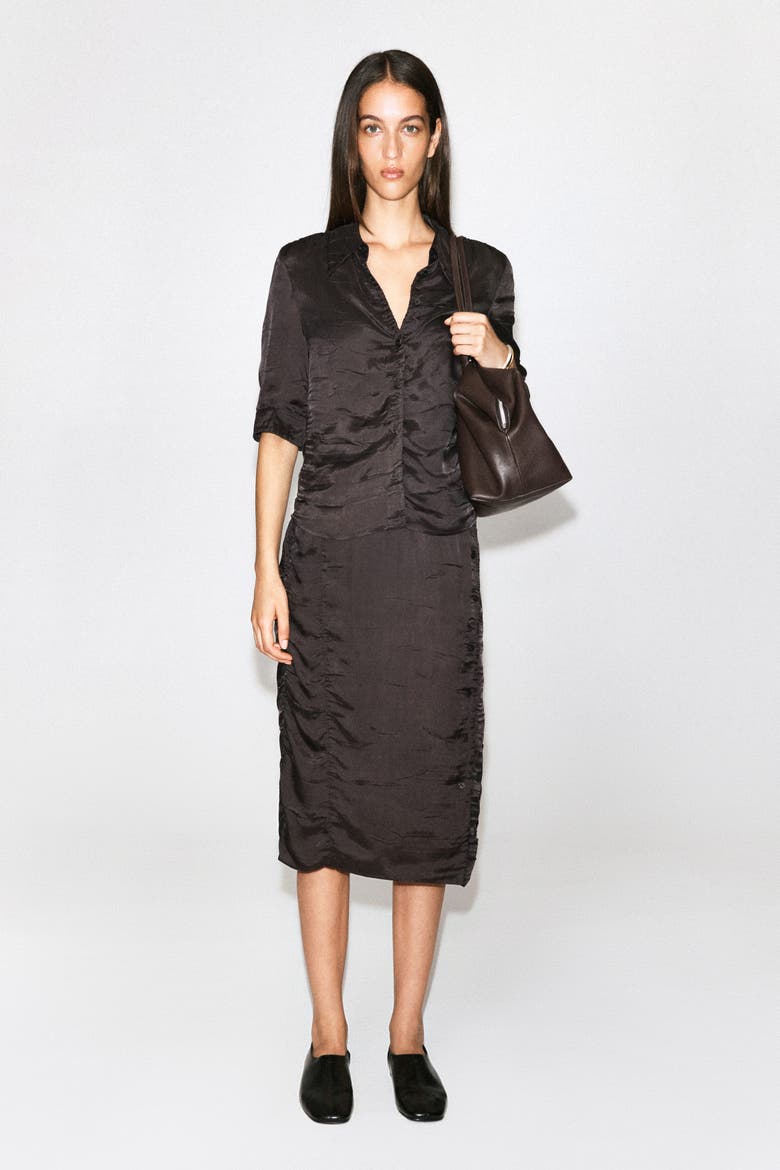Gathered Crinkled Midi Skirt, Alternate, color, BROWN
