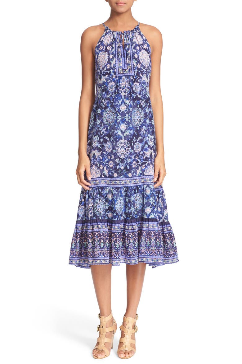 'Dreamweaver' Print Silk Midi Dress, Main, color, INDIGO