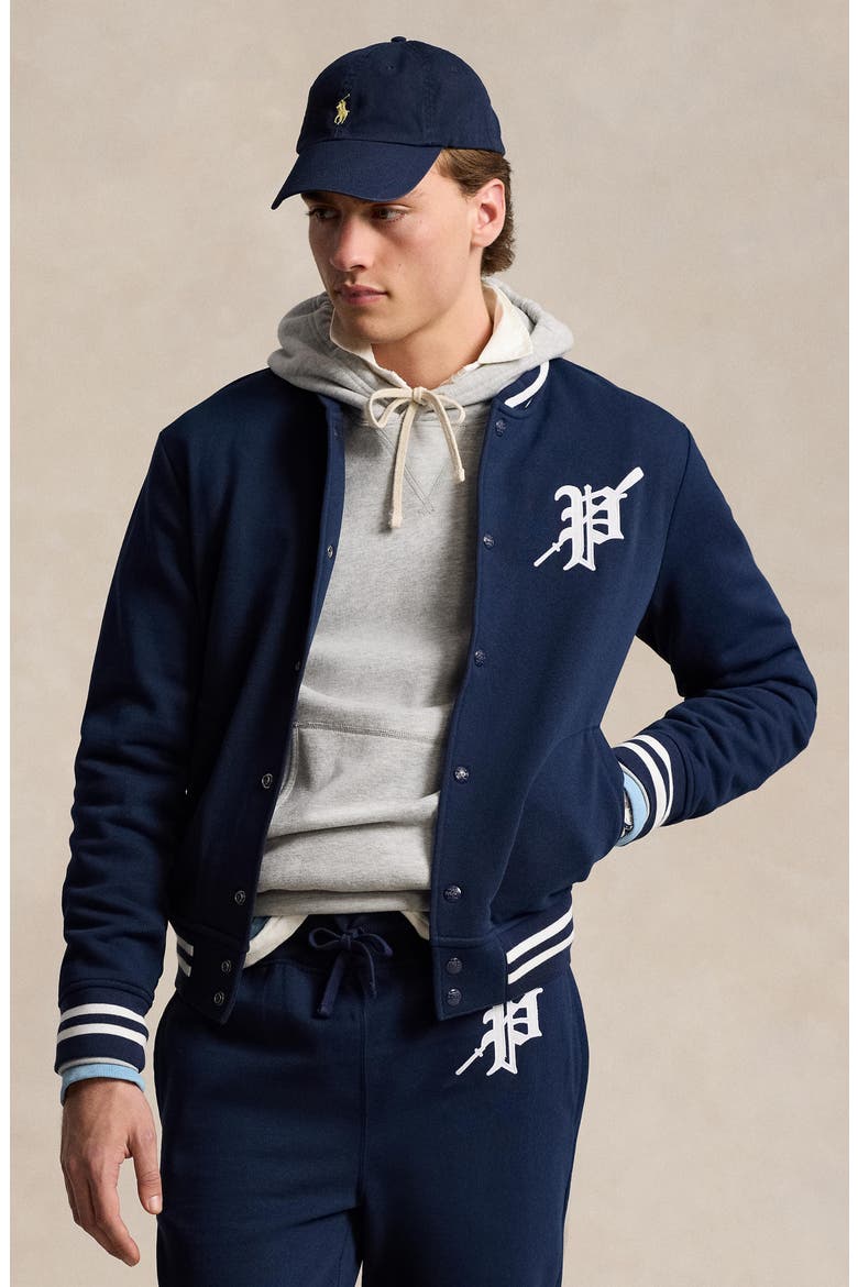 Felted Snap-Up Baseball Jacket, Alternate, color, CRUISE NAVY