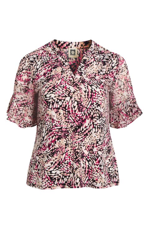 Abstract Print Ruffle Elbow Sleeve Top (Plus)