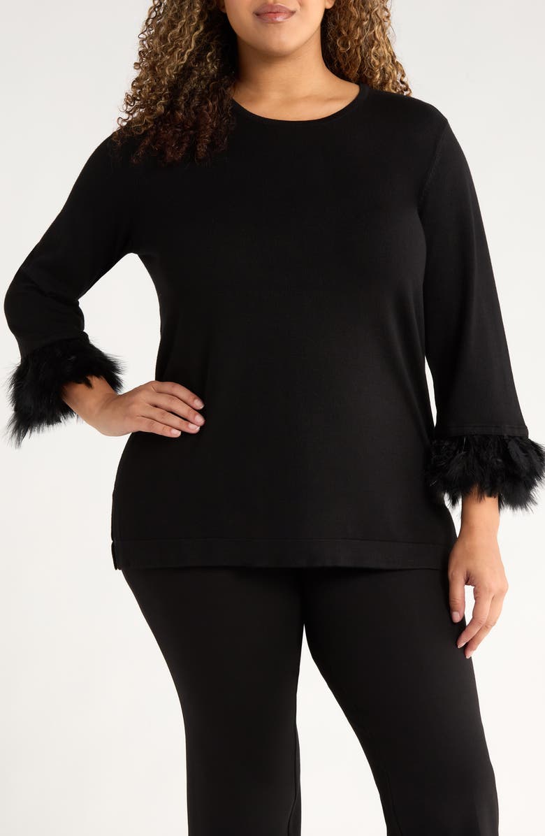 Anne Klein Feather Cuff Long Sleeve Knit Top, Main, color, Anne Black