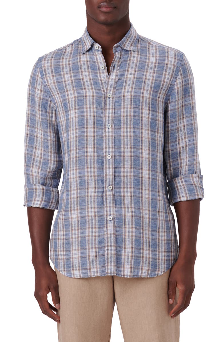 Bugatchi Shaped Fit Plaid Linen Button-Up Shirt, Main, color, 