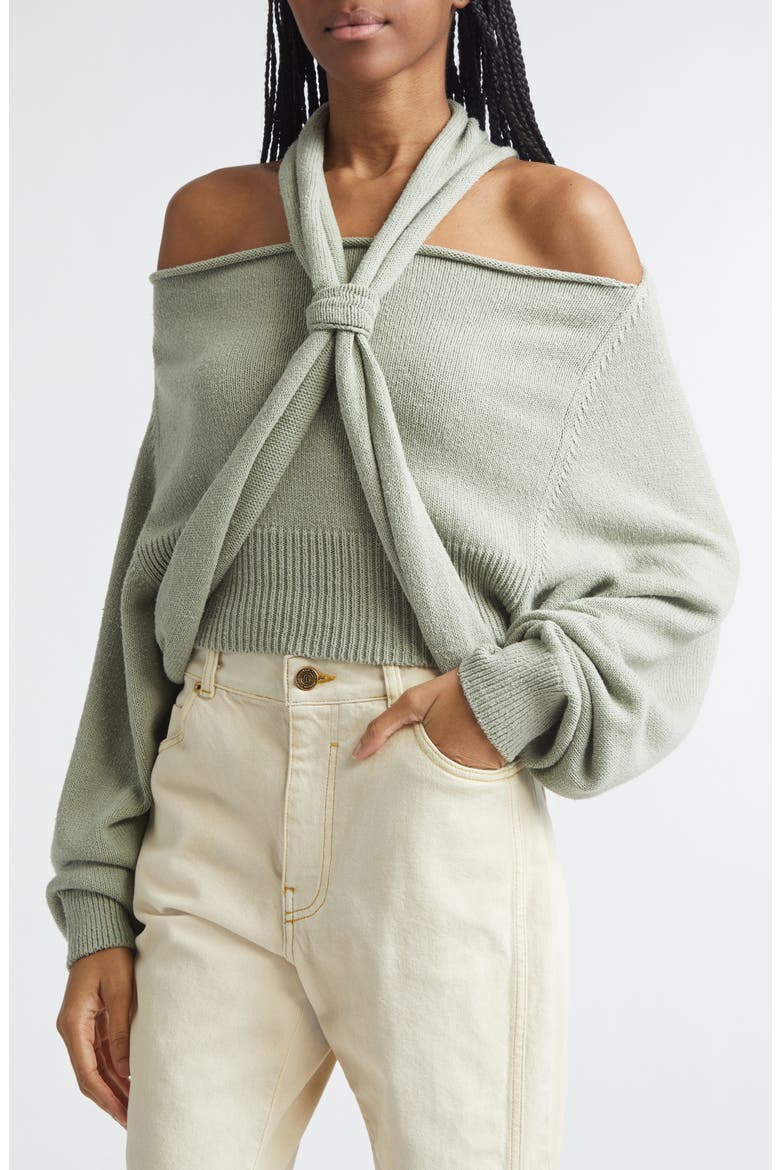 Halter Neck Cold Shoulder Silk Sweater, Alternate, color, 7EU SAGE
