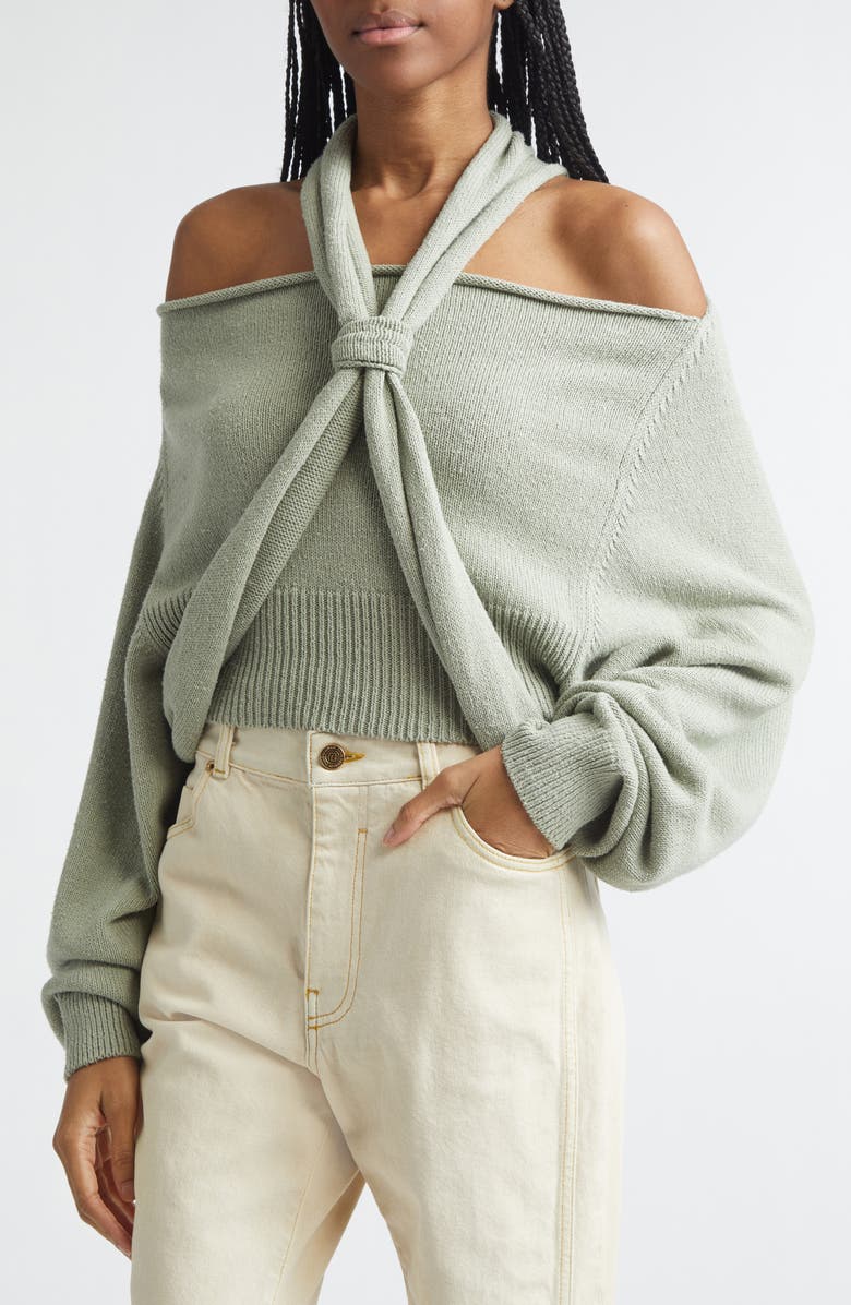 Balmain Halter Neck Cold Shoulder Silk Sweater, Alternate, color, 7Eu Sage