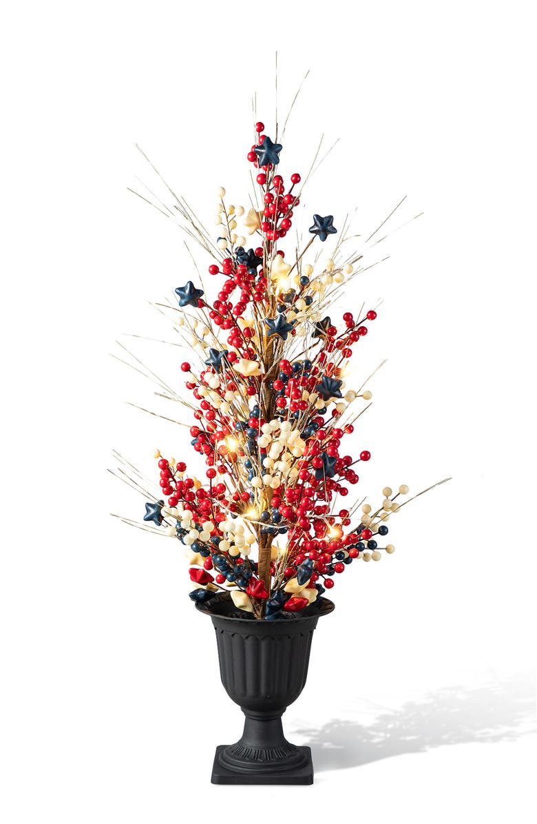 Glitzhome 3ft Patriotic Americana Lighted Berry Stars Urn Porch Tree with Timer, Main, color, Blue