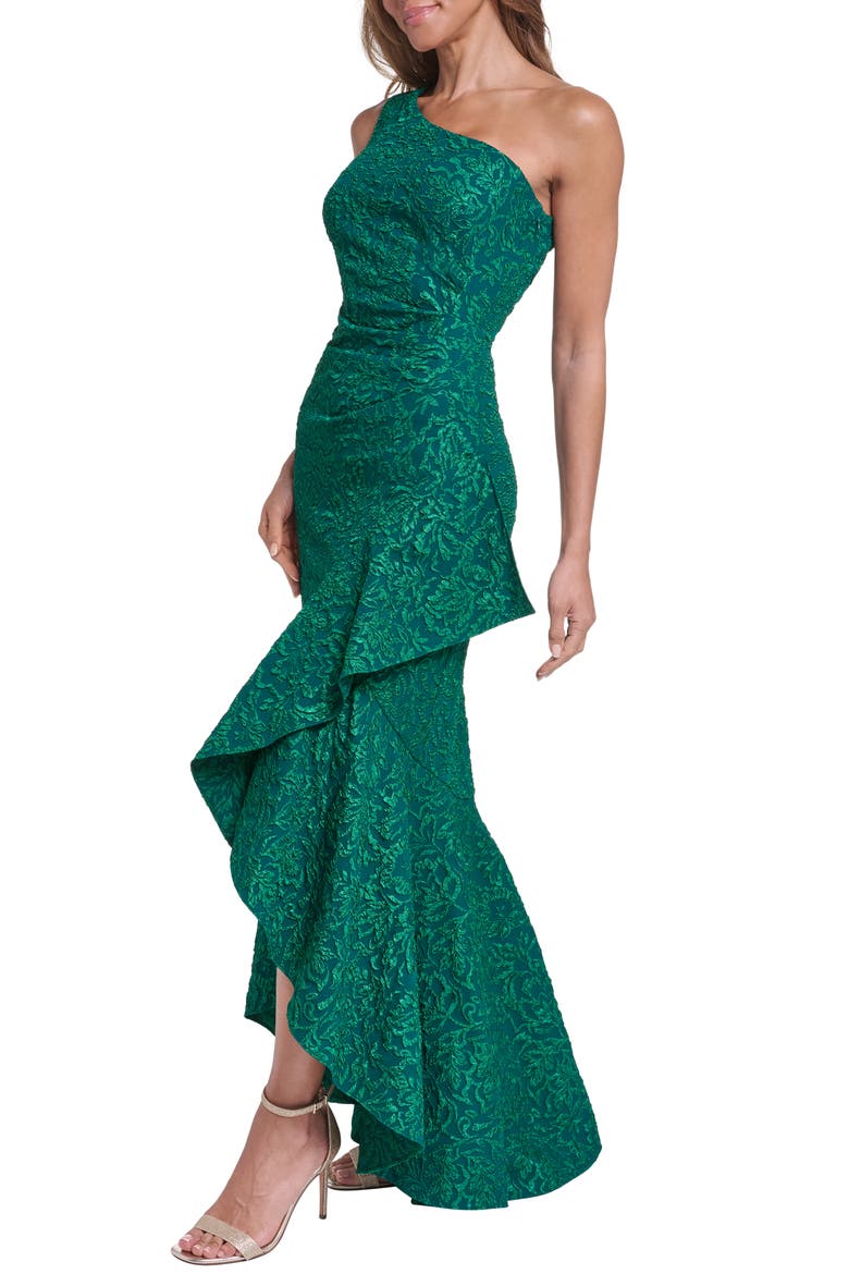 One Shoulder Floral Jacquard Gown, Alternate, color, HUNTER