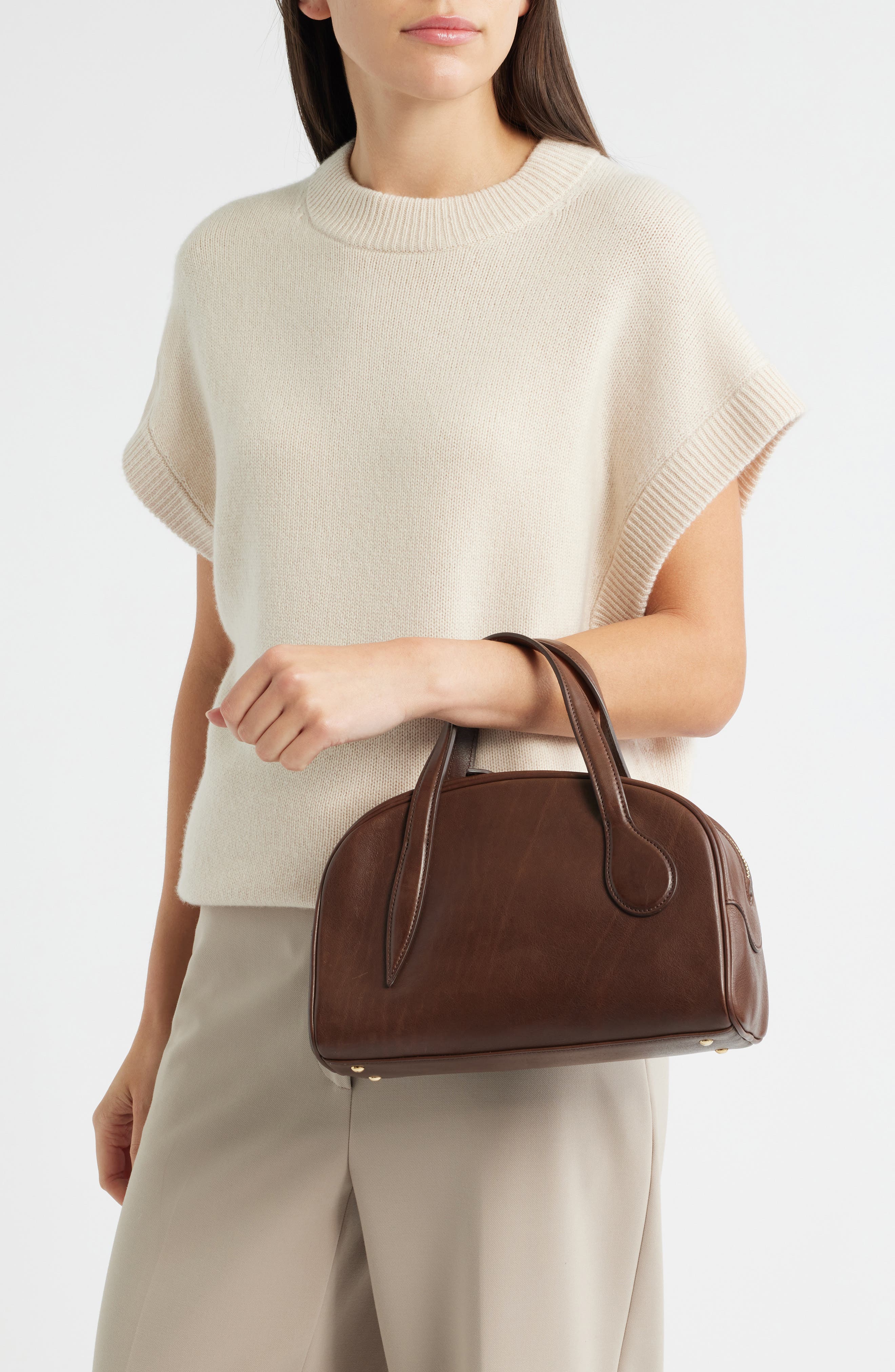 Mini Leather Bowling Crossbody Bag, Alternate, color, DARK BROWN