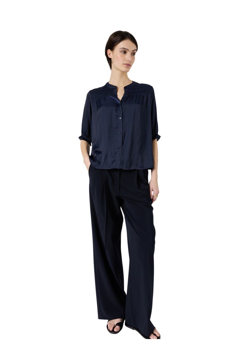 Catrine Satin Shirt With Mandarin Collar, Alternate, color, Navy Blue