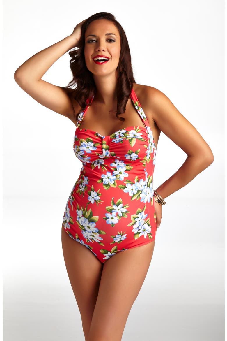 Maui Hibiscus One-Piece Maternity Swimsuit, Alternate, color, CORAL