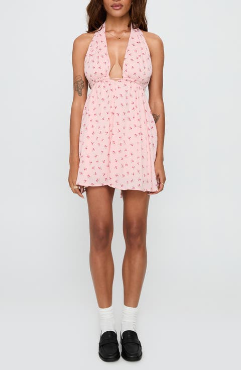 Saddler Floral Plunge Halter Minidress