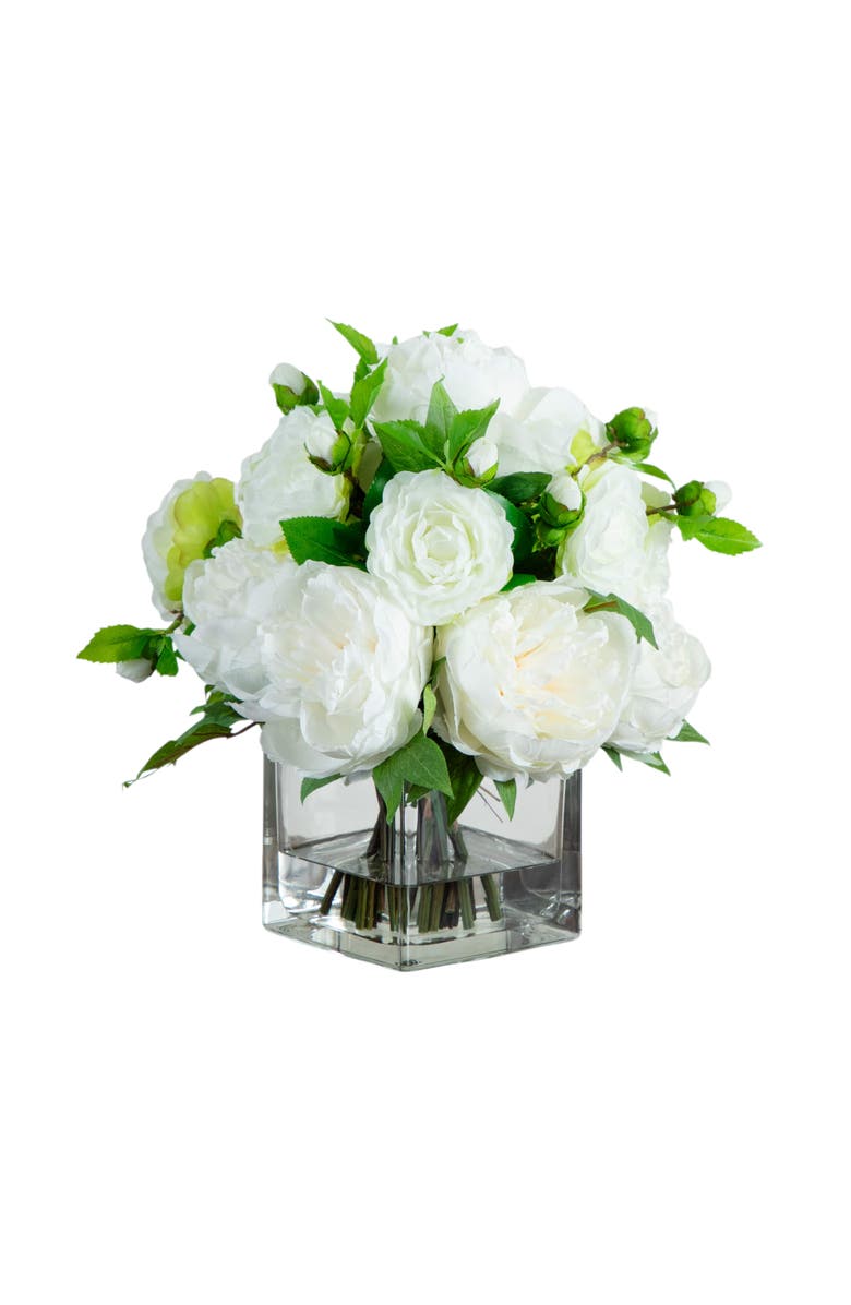 NEARLY NATURAL Wedding Collection 13-in Peony and Camellia Artificial Arrangement in Glass Vase, Main, color, Green/White