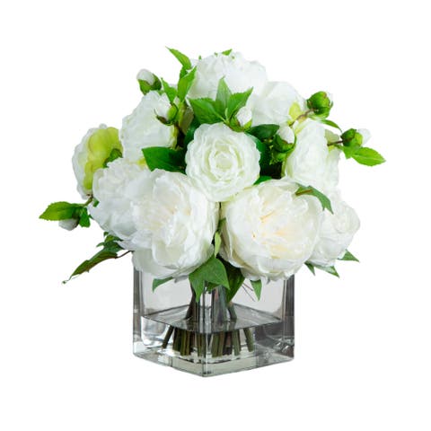 Wedding Collection 13-in Peony and Camellia Artificial Arrangement in Glass Vase