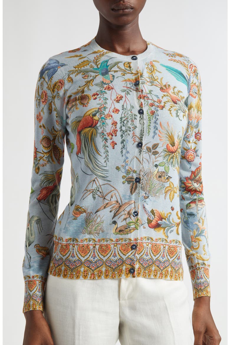 Flora & Fauna Silk & Cashmere Cardigan, Alternate, color, MULTICOLOUR ON PALE BLUE BASE