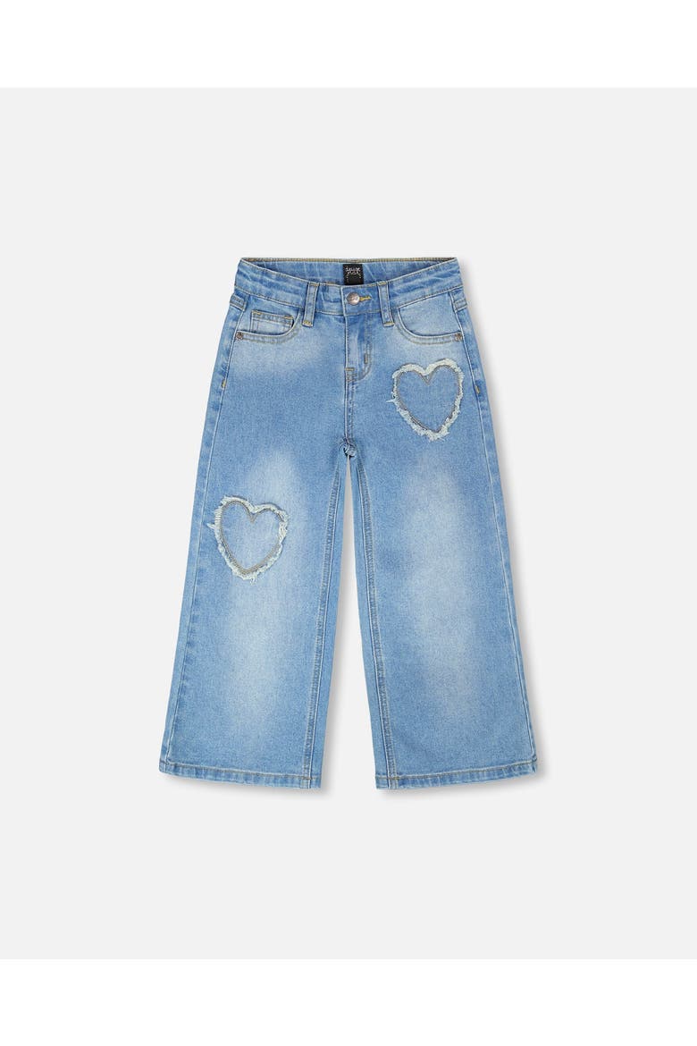 Wide Leg Heart Embroidery Denim Jeans, Main, color, Light Blue Denim