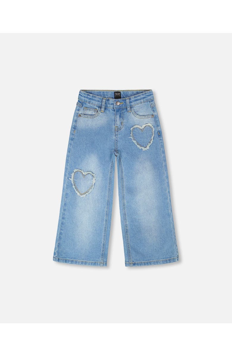Deux par Deux Wide Leg Heart Embroidery Denim Jeans, Main, color, Light Blue Denim