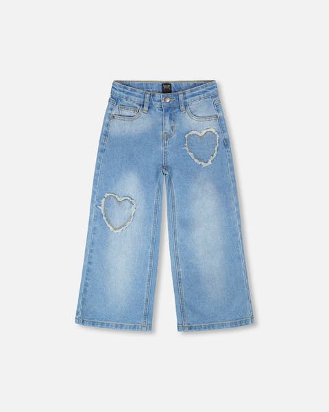 Wide Leg Heart Embroidery Denim Jeans (Toddler, Little Kid & Big Kid)