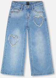 Deux par Deux Wide Leg Heart Embroidery Denim Jeans