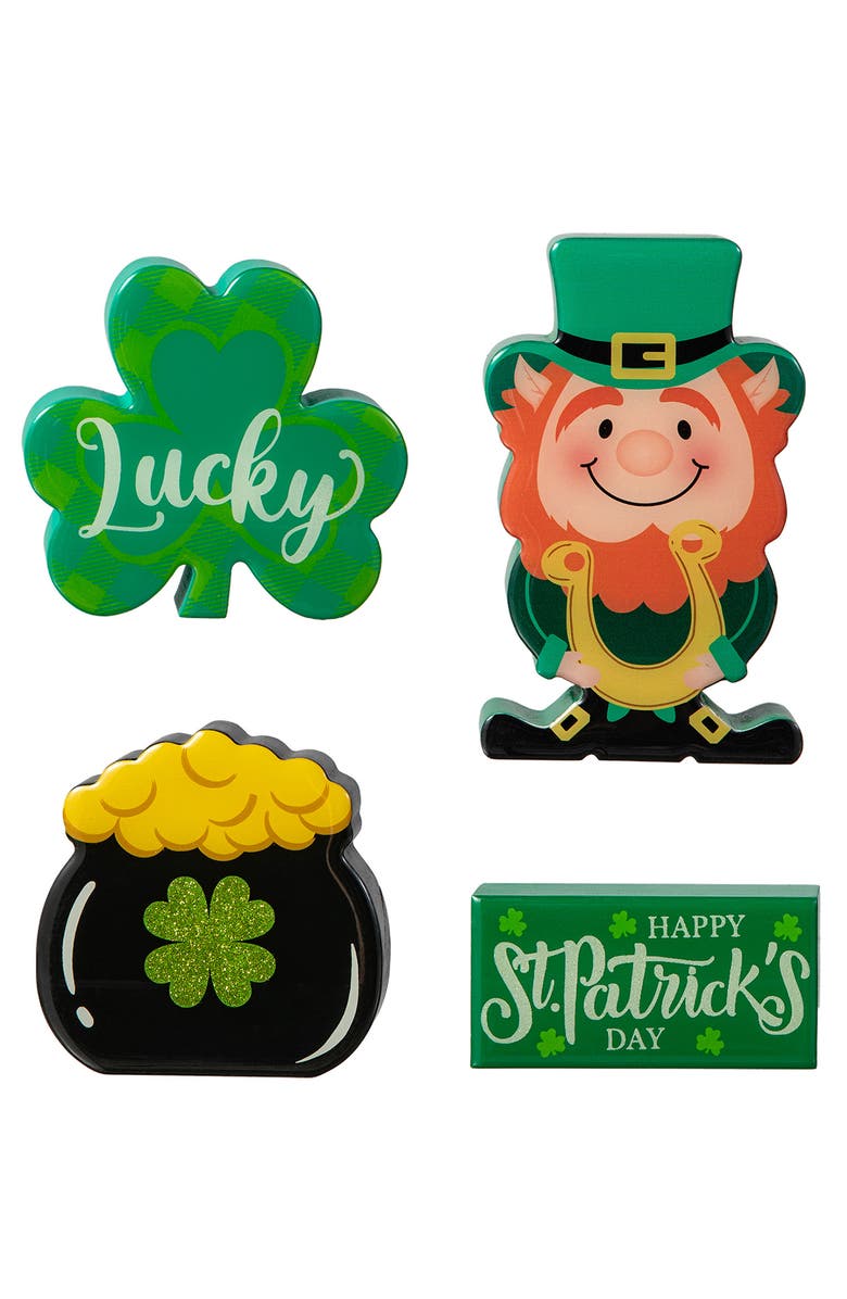 Glitzhome Set of 4 St. Patrick's Epoxy Wooden Shamrock & Pot of Gold & Leprechaun Table Decor, Alternate, color, Green