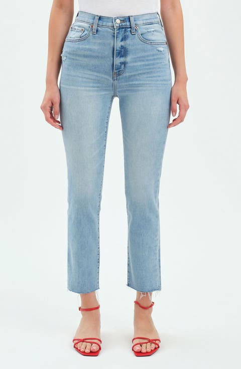 High Waist Raw Hem Ankle Straight Leg Jeans (Blooming Vintage)