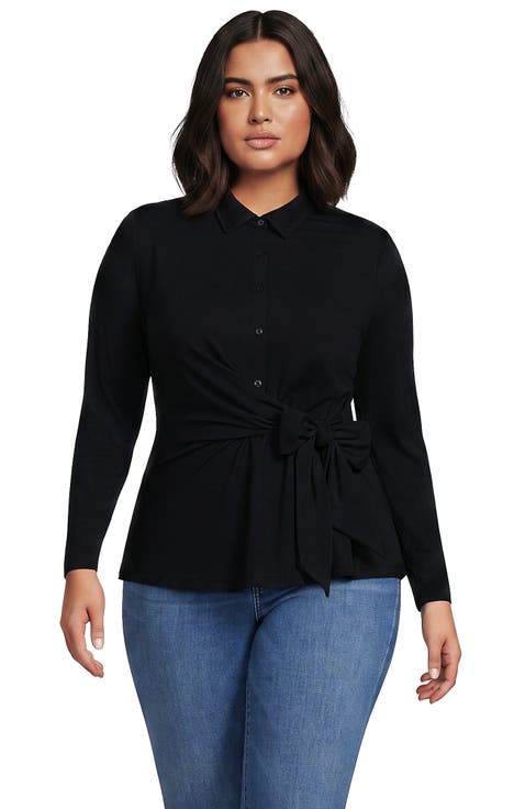 Plus Size Long Sleeve Lightweight Jersey Adjustable Tie Collar Top