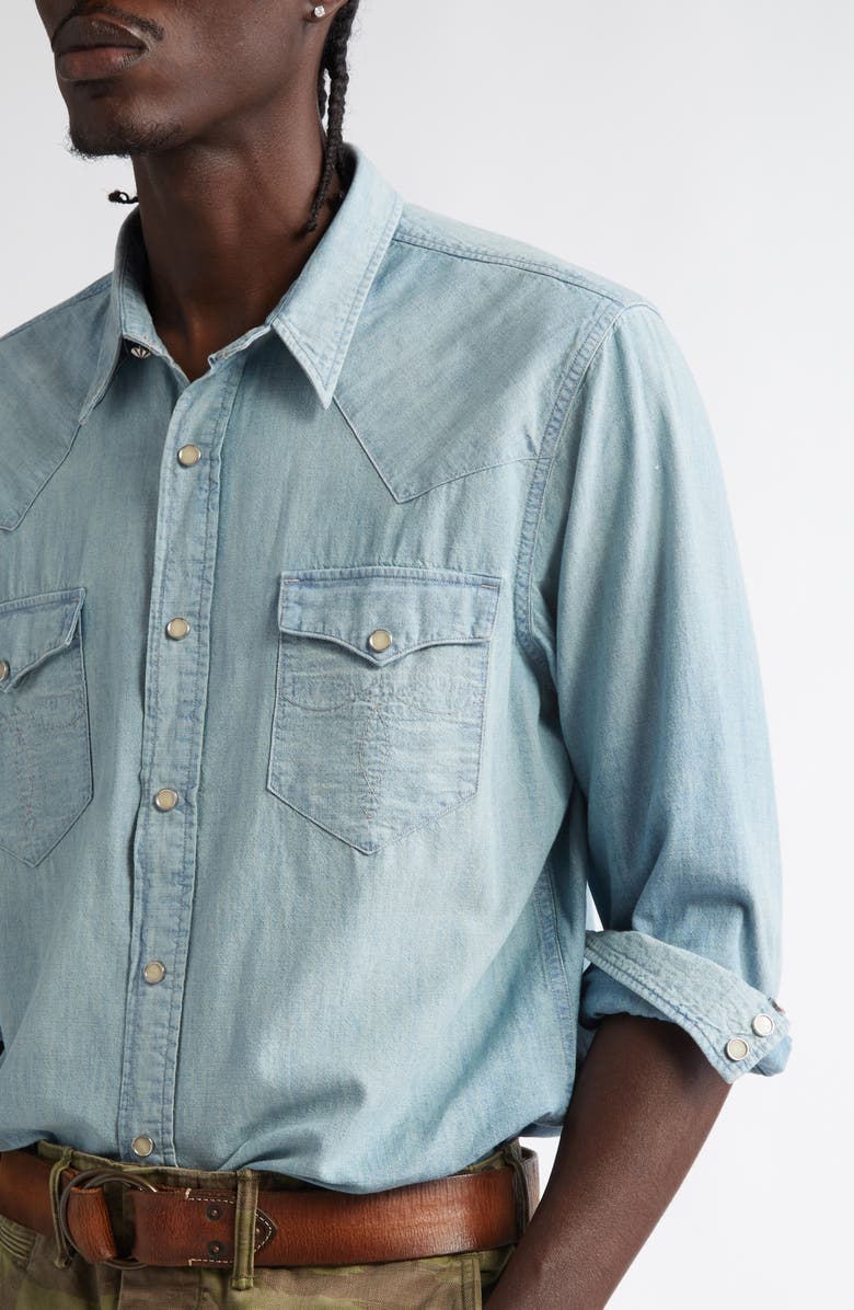 Double RL Buffalo Slim Fit Pearl Snap Denim Western Shirt, Alternate, color,